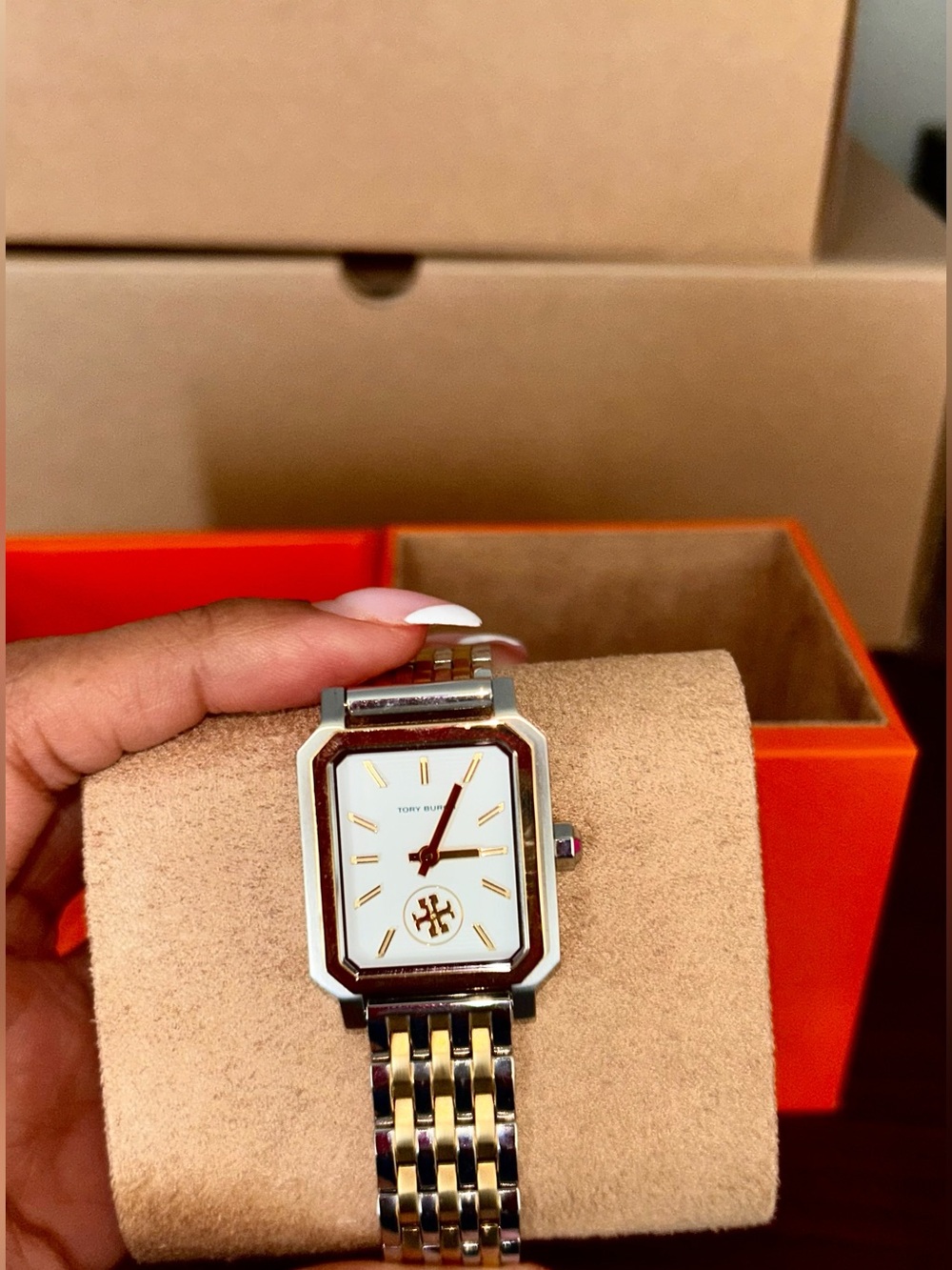 Tory Burch Two-Tone Rectangular Bracelet Watch — Gold & Silver